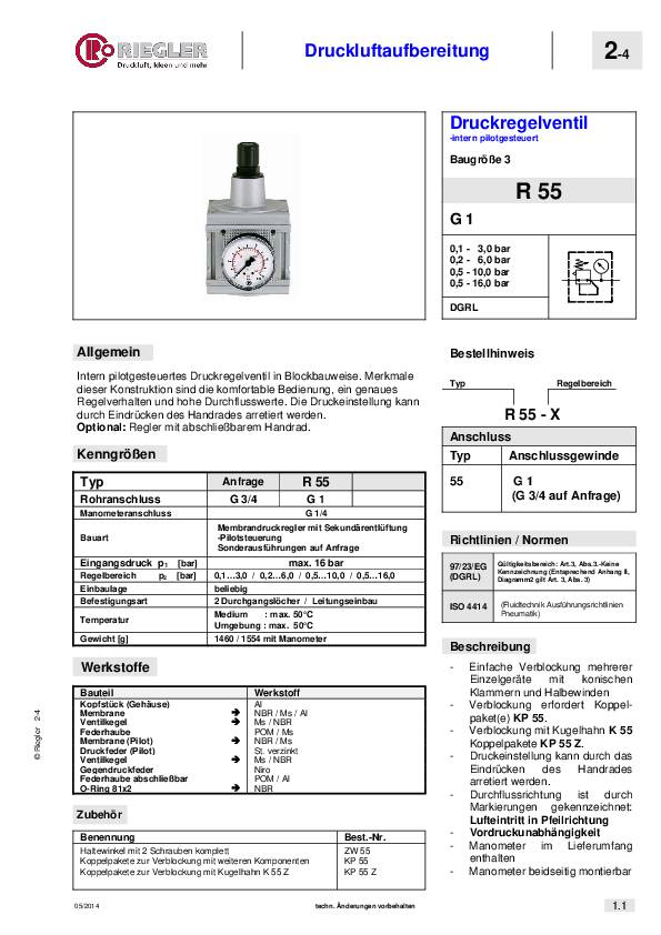 Druckregler MULTIFIX Gew.mm 30,93 BG V G 1 Zoll 0,5-10bar 12500l/min RIEGLER
