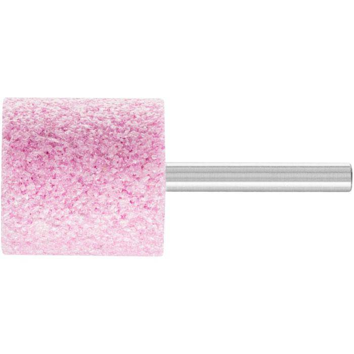 Rosa Schleifstein mit Körnung auf Metallschaft montiert, vor weißem Hintergrund gezeigt.