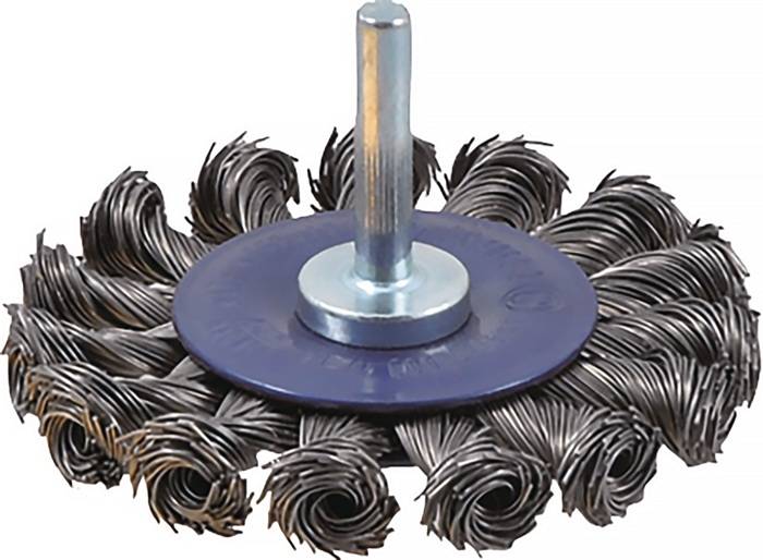 Eine runde Drahtbürste mit aufgewickelten Borsten, die an einer zentralen Metallscheibe befestigt ist und zum Reinigen oder Polieren von Oberflächen verwendet wird.