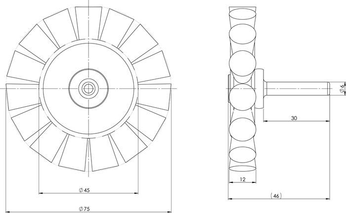 Technische Zeichnung einer mechanischen Komponente mit zwei Ansichten. Draufsicht zeigt ein kreisförmiges Zahnrad mit 12 radialen Segmenten. Seitenansicht veranschaulicht die Zahnraddicke und die zentrale Welle.