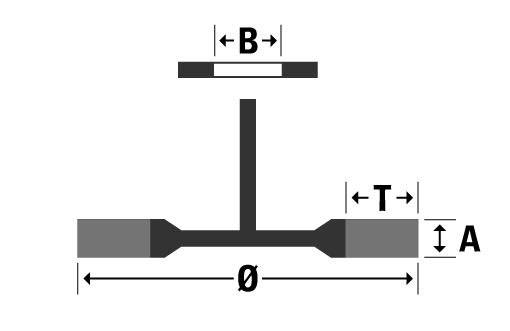 Eine Skizze, die einen rechten Winkel zeigt, wobei eine vertikale Linie auf eine horizontale Linie trifft, beschriftet mit 'B', 'T' und 'Ø', die Dimensionen anzeigt.
