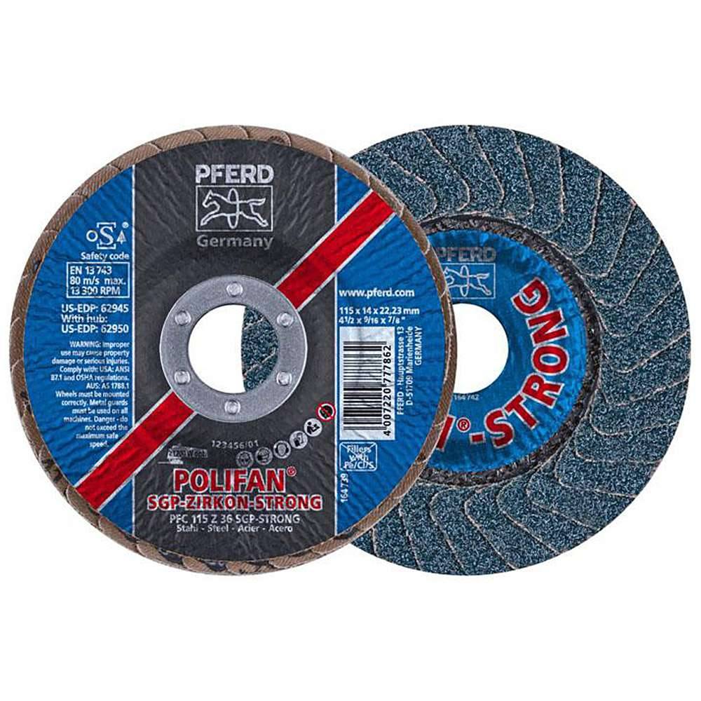 Fächerschleifscheibe - PFERD POLIFAN® - für Stahl - konische Ausführung ZIRKON-STRONG - Bezeichnung PFC 115 Z 36 SGP-STRONG/22,23 - Maße (D x T x