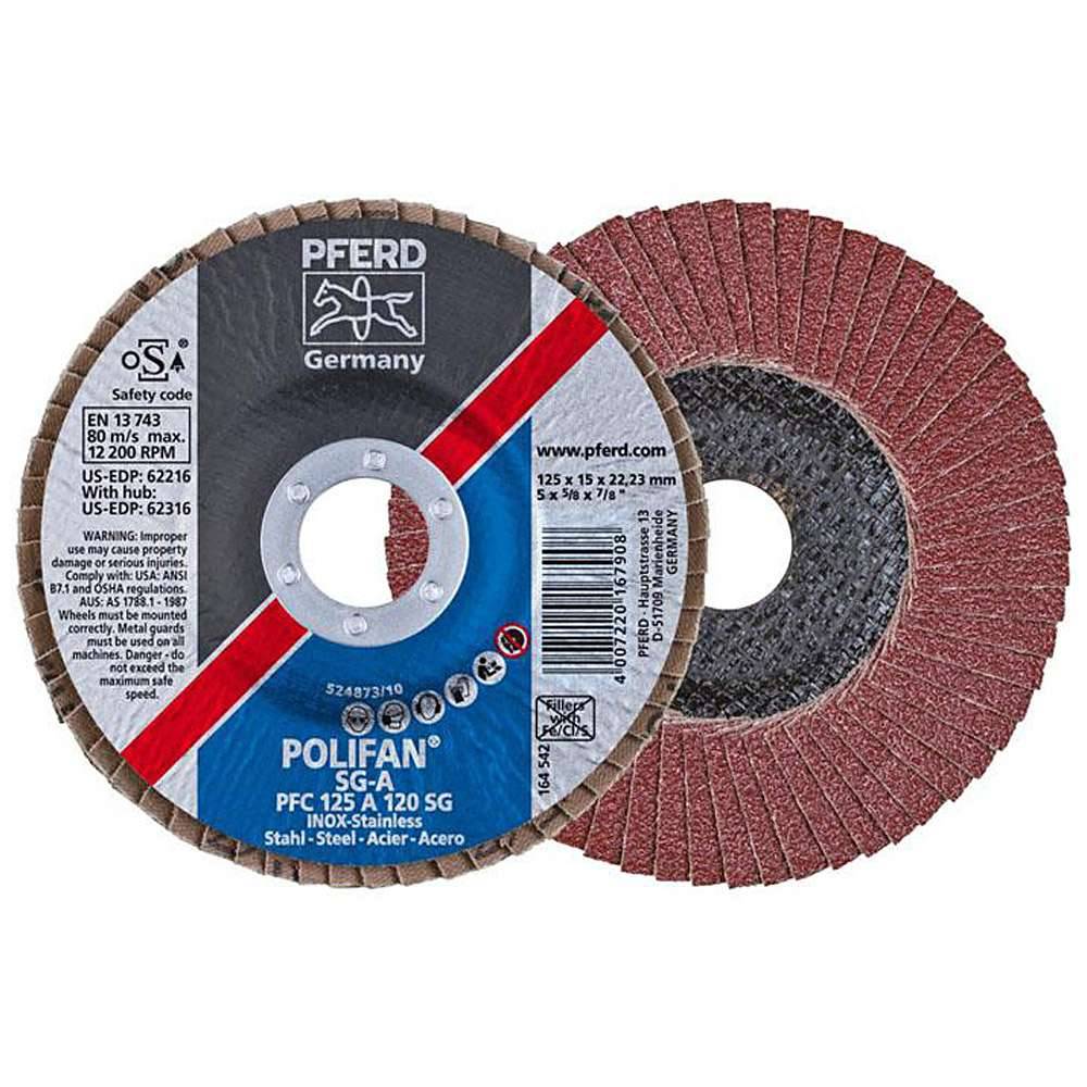 Fächerschleifscheibe - PFERD POLIFAN® - für Stahl/INOX/Kunststoff - konische Profi-Ausführung - Bezeichnung PFC 125 A 120 SG/22,23 - Maße (D x U