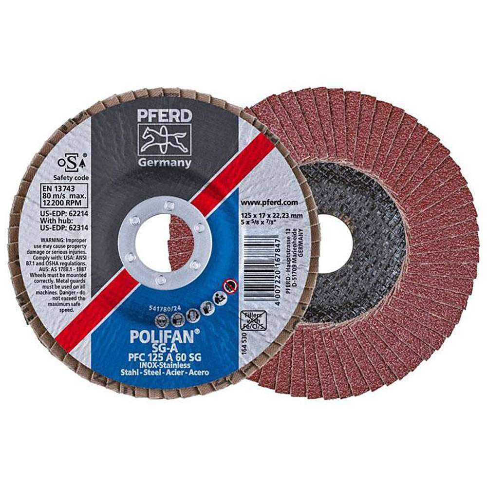 Fächerschleifscheibe - PFERD POLIFAN® - für Stahl/INOX/Kunststoff - konische Profi-Ausführung - Bezeichnung PFC 125 A 60 SG/22,23 - Maße (D x U x