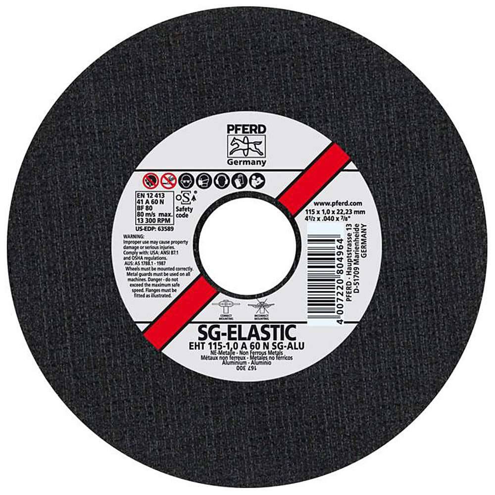 Ein PFERD SG-ELASTIC Schleiftrennscheibe-Etikett auf einer schwarzen Scheibe, das Produktspezifikationen und Sicherheitssymbole zeigt.