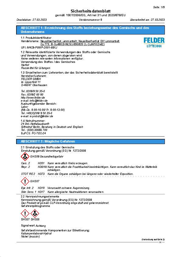 Neusilberhartlot UM Cu 305 D3xL500mm L-Cu Ni Zn 42 5kg FELDER