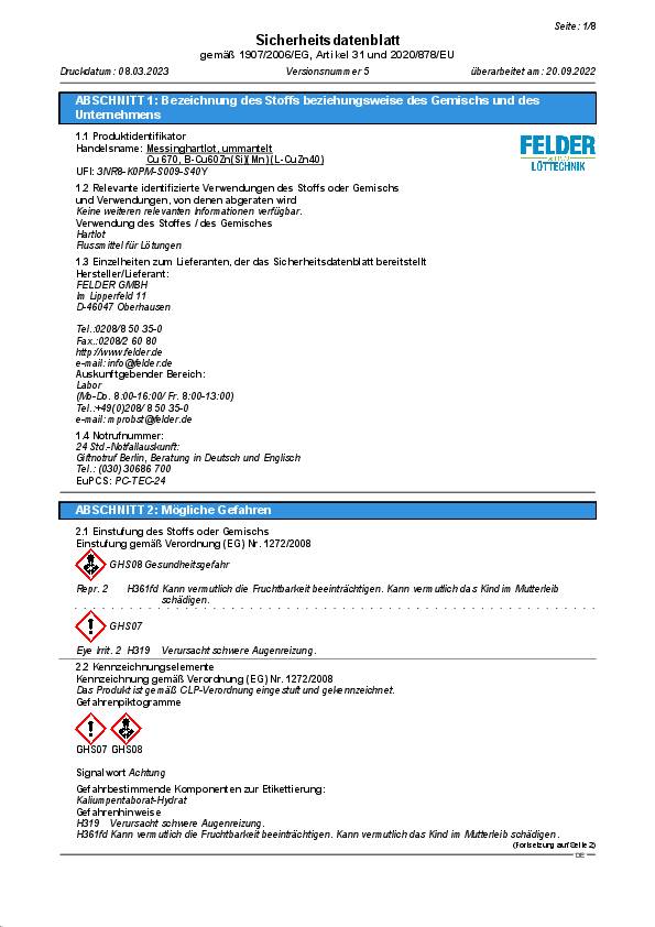 Messinghartlot UM Cu 303 3x500mm L-Cu Zn 40 flussmittelummantelt 5kg FELDER