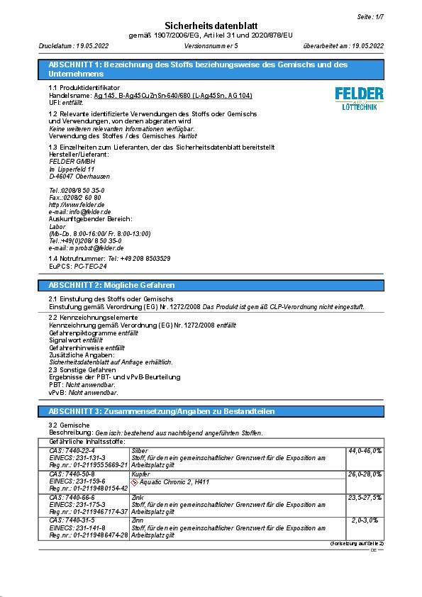 Silberhartlot AG 104 D1,5xL500mm L-Ag45Sn 25 St.FELDER