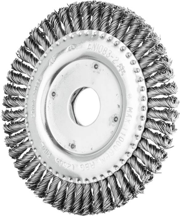 Ein Drahtbürstenwerkzeug mit gedrehten Borsten, kreisförmig, zum Reinigen oder Entgraten von Oberflächen, mit sichtbaren Spezifikationen in der Mitte.