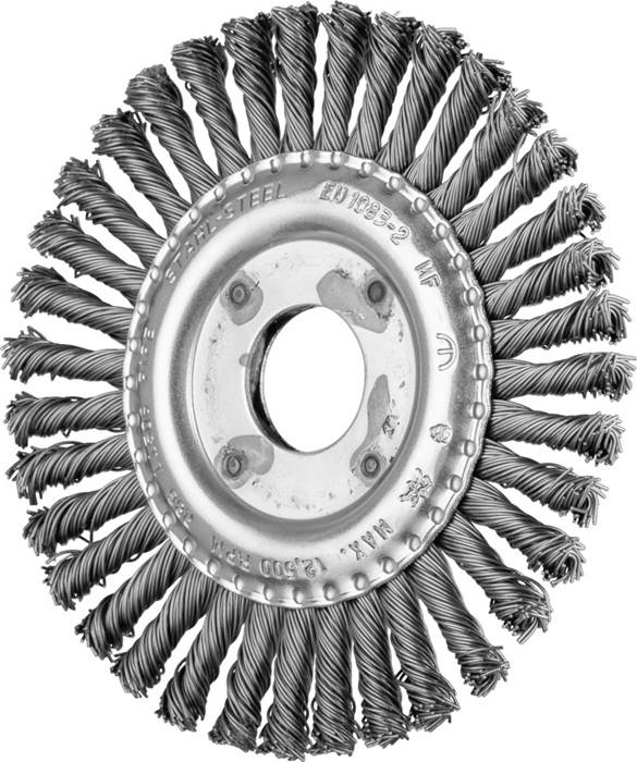 Ein kreisförmiger Drahtbürste mit verdrehten Borsten, die von einem Metallzentrum ausgehen und häufig zum Reinigen oder zur Oberflächenvorbereitung verwendet wird.