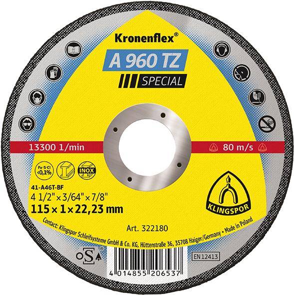 Ein Kronenflex A 960 TZ Special Schneidscheiben-Etikett mit den Angaben 115 x 1 x 22,23 mm, 13300 1/min, 80 m/s und Klingsor-Logo.