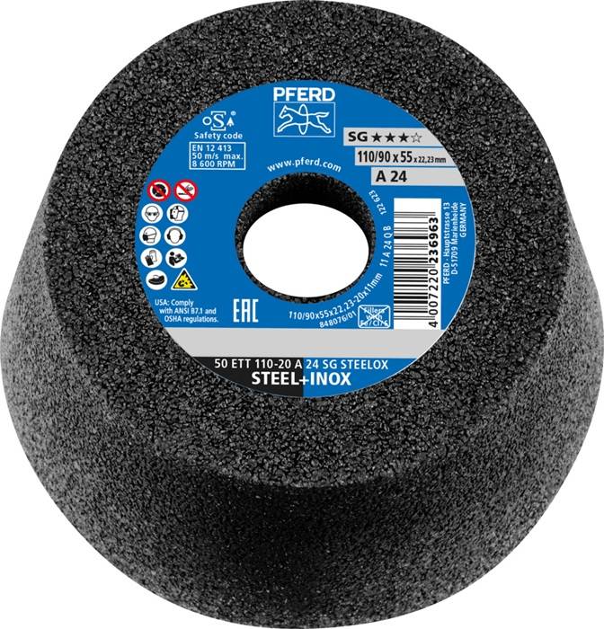 Schleifscheibe mit der Bezeichnung 'PFERD' mit folgenden Spezifikationen: SG A24, 110x90x55, max. 6000 U/min, für Stahl/Metallbearbeitung. Blaues Etikett mit technischen Details.