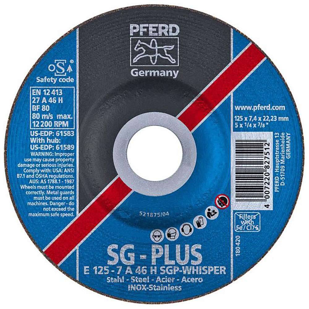 Schruppscheibe - PFERD - für Stahl und INOX - Härtegrad H - Ausführung WHISPER - Bezeichnung E 125-7 A 46 H SGP-WHISPER/22,23 - Maße (D x U x H)