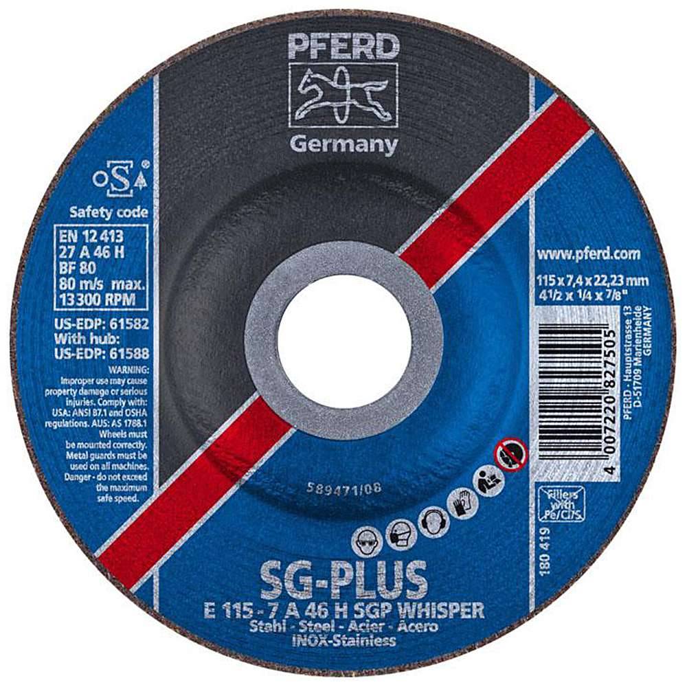 Schruppscheibe - PFERD - für Stahl und INOX - Härtegrad H - Ausführung WHISPER - Bezeichnung E 115-7 A 46 H SGP-WHISPER/22,23 - Maße (D x U x H)