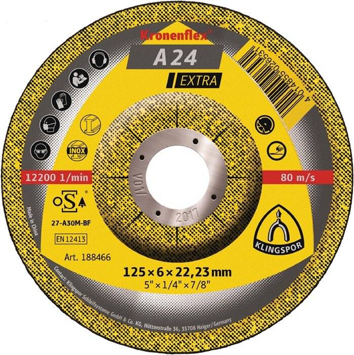 Gelb und grau Kronenflex A24 EXTRA Schleiftrennscheibe, gekennzeichnet mit 125 x 6 x 22,23 mm, 12200 1/min, 80 m/s und EN 12413.