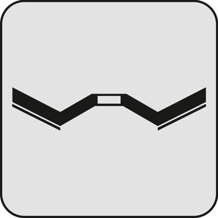 Ein schwarz-weißes Warnschild, das eine wellenförmige Schleifenform darstellt, was auf eine potenzielle Gefahr oder einen Gefahrenbereich hinweist.