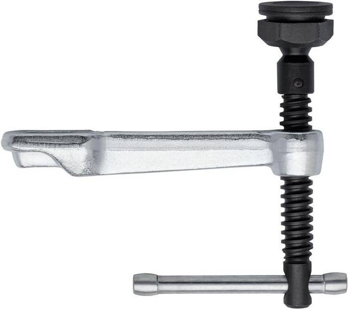 Metallzieher-Spannwerkzeug mit langem silbernem Arm und schwarzer Gewindeschraube, zum Entfernen oder Drücken von Passteilen verwendet.