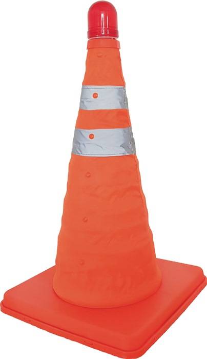 Eine orange und graue Verkehrsleitkegel mit reflektierenden Bändern, auf einer ebenen Oberfläche platziert.