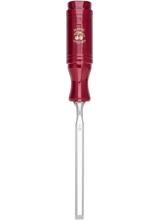 Ein Flachkopfschraubendreher mit rotem Griff auf weißem Hintergrund.