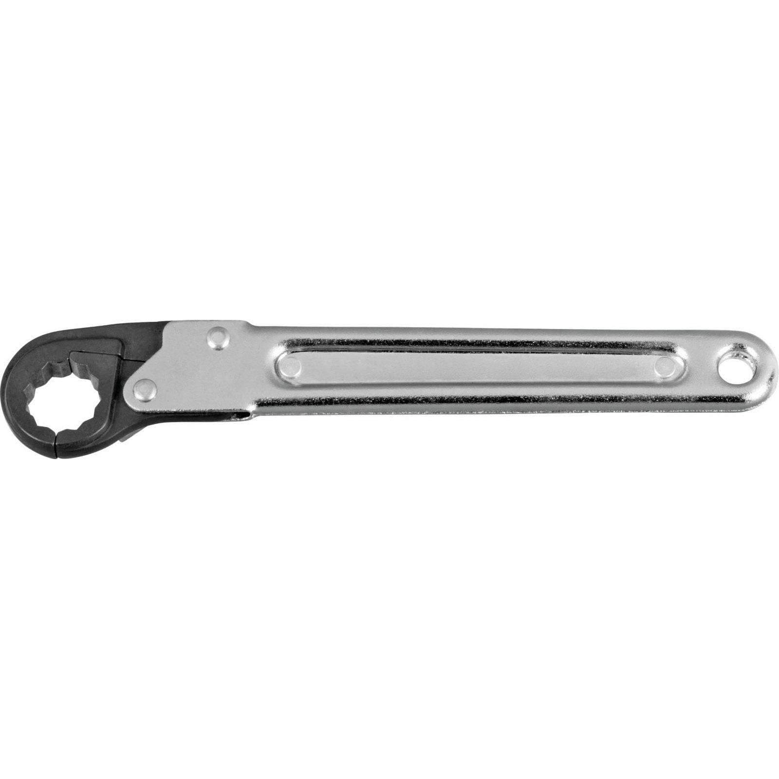 Ein Metall-Ratschenschlüssel mit strukturiertem Griff und rundem Getriebekopf, der zum Anziehen oder Lösen von Schrauben entwickelt wurde.