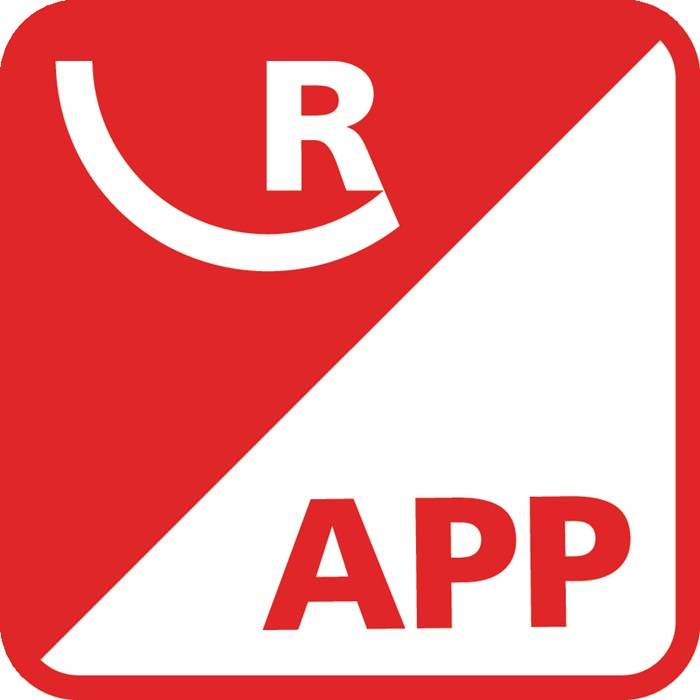 Logo mit dem Buchstaben 'R' in einem roten Quadrat, das durch eine weiße Diagonale geteilt wird, darunter die Buchstaben 'APP' in fetter Schrift.