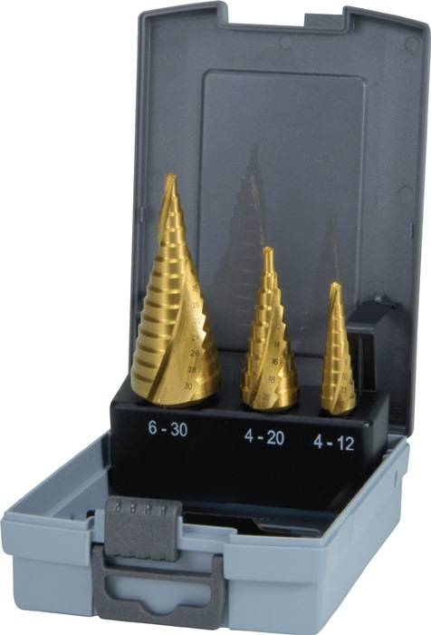 Mehrstufenbohrersatz D.4-12/4-20/4-30mm HSS-TiN Spiralnut 3tlg.Ku.-Kass.RUKO
