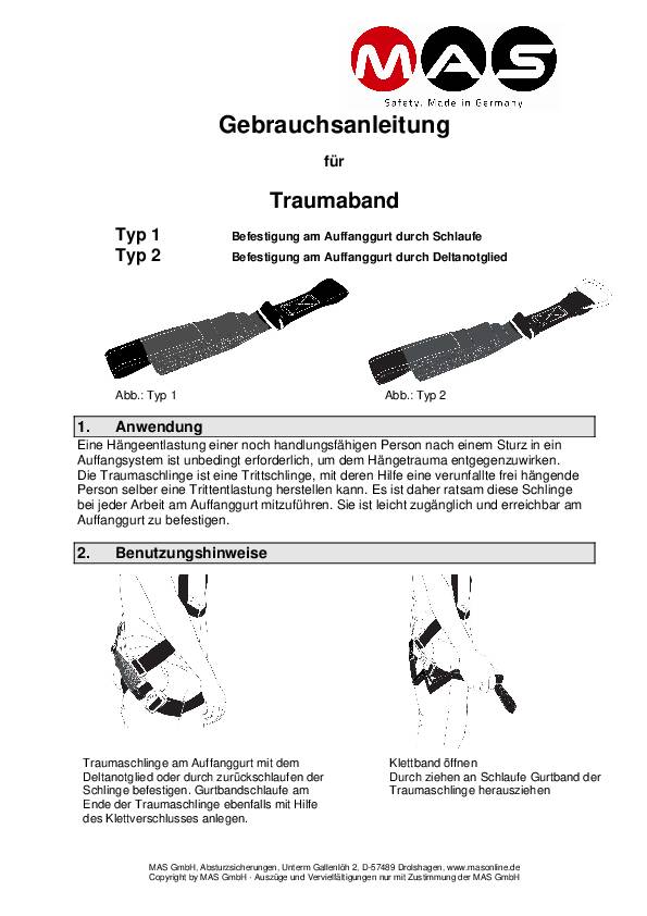 Traumaband z.Befestigung an jedem Auffanggurt MAS