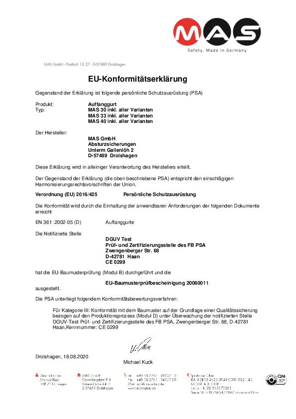 Auffanggurt MAS 33 EN361 2-Punkt f.Gr.1 (48-56) MAS