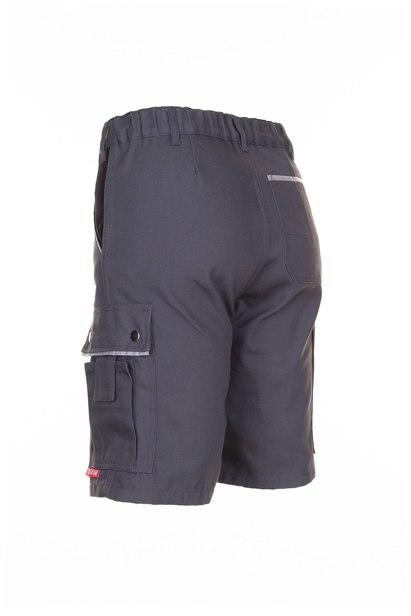 Dunkelgraue Cargo-Arbeitshorts mit elastischem Bund, Seitentaschen und reflektierendem Besatz, gezeigt auf einem einfachen weißen Hintergrund.