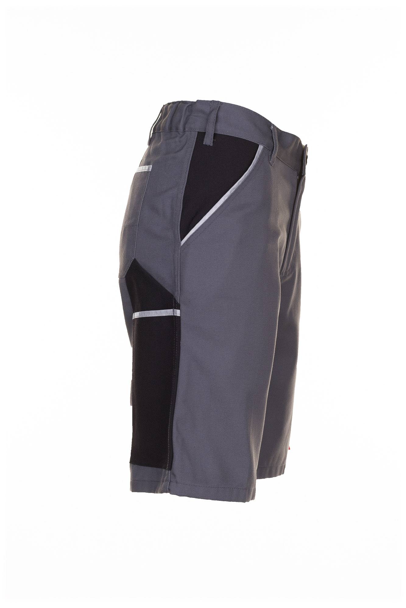 Seitenansicht von grauen und schwarzen Sportshorts mit elastischem Bund und Mesh-Seiteneinsätzen auf weißem Hintergrund.