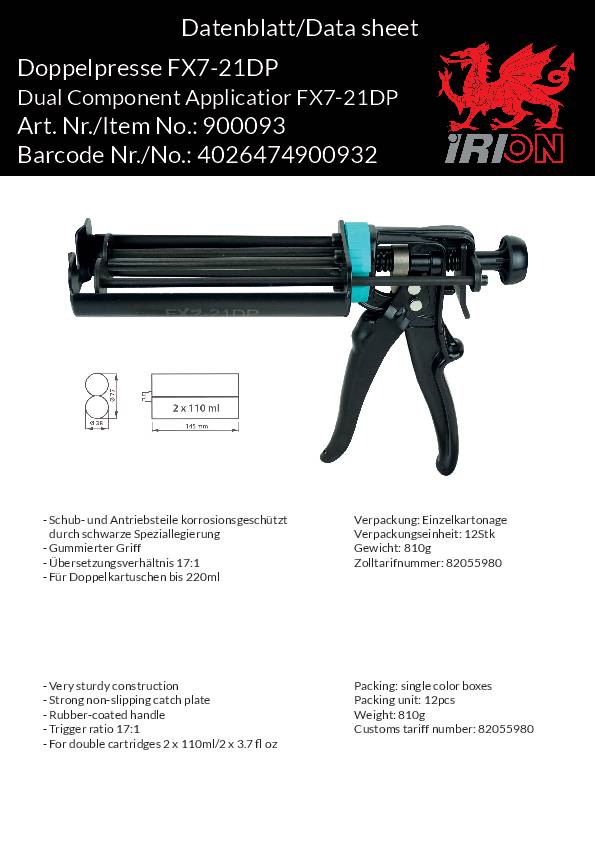 2K-Dosierpistole FX7-21DP f.2K-Kartuschen b.220 ml Übersetzung 17:1 IRION