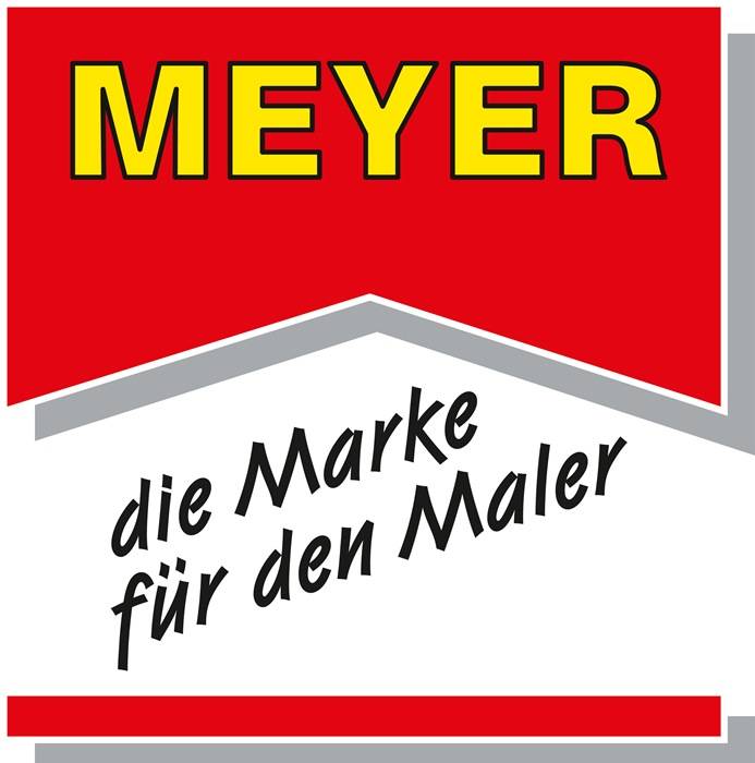Logo der Marke 'Meyer' mit einem rot und grau gehaltenen Design, Schriftzug lautet 'die Marke für den Maler', was auf eine Marke für Maler hinweist.