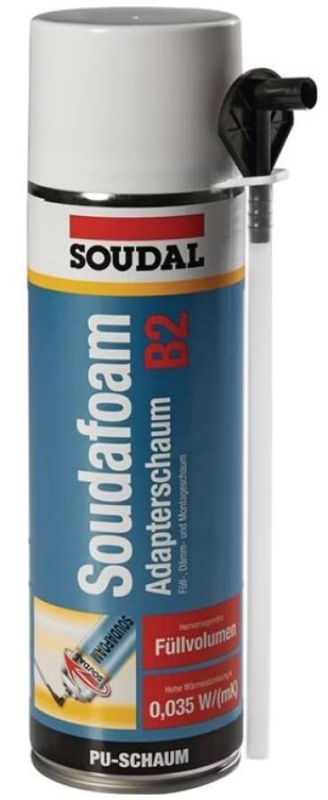 Soudal Soudafoam B2 PU-Schaum-Sprühdose mit blau-weißem Etikett und schwarzer Düse.