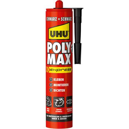 Roter UHU Poly Max Express Kleber in der Kartusche mit schwarzer Düse, gekennzeichnet für 'Kleben', 'Montieren' und 'Dichten'.