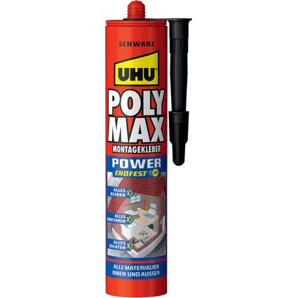 Rot-schwarze UHU Poly Max Power Konstruktionskleber-Kartusche mit schwarzer Düse und deutschen Etiketten, auf weißem Hintergrund gezeigt.