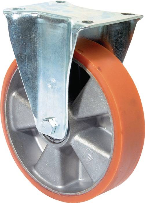 Ein Metallrollen mit einem orangefarbenen Gummireifen ist an einer Metallhalterung befestigt, wahrscheinlich zur Mobilität oder Unterstützung an Geräten oder Möbeln verwendet.