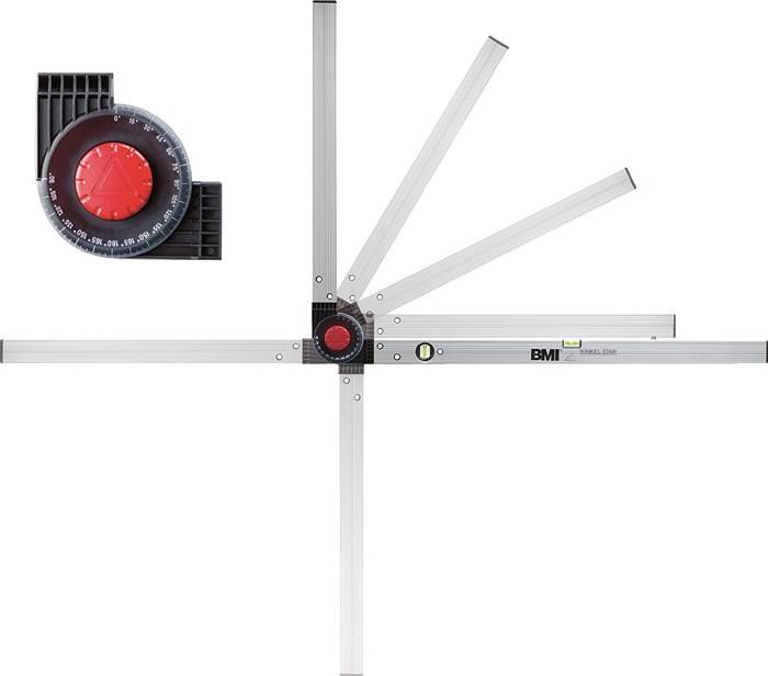 Verstellbares Winkelmessgerät mit Winkelmesser und vier ausfahrbaren Armen, verwendet für präzise Winkelablesungen und Ausrichtungsaufgaben.