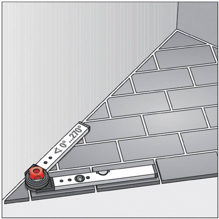 Ein digitaler Winkelmesser zur Messung des Winkels einer gefliesten Wand. Das Display zeigt einen Winkel von 270 Grad.
