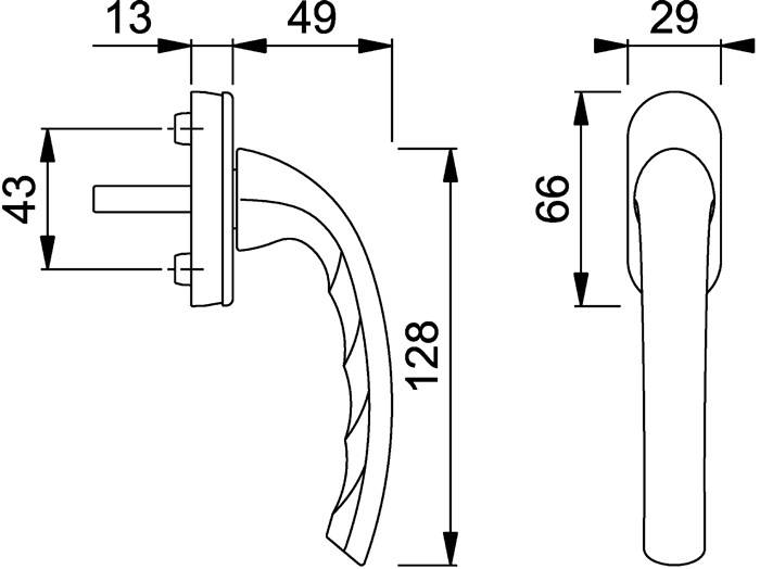 Türgriff-Diagramm mit Maßangaben: 13 mm, 49 mm und 66 mm Höhe; 128 mm Grifflänge.