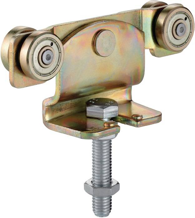 Metall-Schiebetür-Aufhänger mit zwei Rädern, montiert auf einer Gewindestange. Wird zum Tragen und Führen schwerer Schiebetüren verwendet.