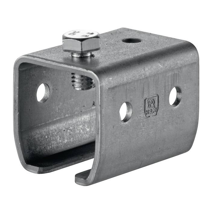 Metallbefestigungshalterung mit rechteckiger, offener Konstruktion. Sie verfügt über Löcher an den Seiten für Schrauben und einen Bolzen oben, die zum Befestigen von Objekten verwendet wird.