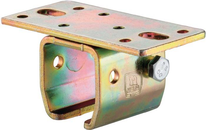 Eine Metallhalterung mit einer rechteckigen Basis und mehreren Löchern, konzipiert für strukturelle Unterstützung. Die Marke 'HELM' ist an der Seite eingraviert.