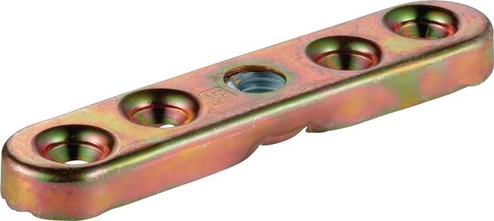 Eine metallische rechteckige Stange mit drei kreisförmigen Löchern, die entlang ihrer Länge gleichmäßig verteilt sind. Die Oberfläche hat einen goldenen Schimmer und eine leicht strukturierte Oberfläche.