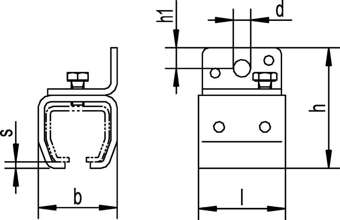 Technische Zeichnung eines Halters zeigt Abmessungen, mit den Beschriftungen 'b', 'h1' und 'l', die sein Profil und Befestigungslöcher hervorheben.