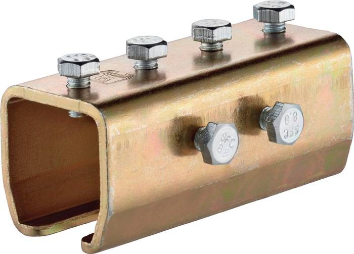 Ein Metallschienenstoßverbinder mit sechskantigen Bolzen zur Befestigung, der zum sicheren Verbinden von zwei Schienensektionen in Bauumgebungen entwickelt wurde.