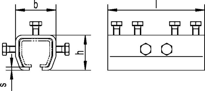 Diagramm einer mechanischen Komponente mit Schrauben und Streben, das Dimensionen gekennzeichnet mit h und l zeigt und Platzierungsdetails darstellt.