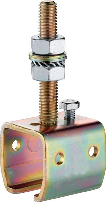 Eine Nahaufnahme einer gerillten Metallschraube mit einer aufgeschraubten Mutter, die auf einer Metallhalterung montiert ist, mit einer kleineren Schraube in der Nähe.