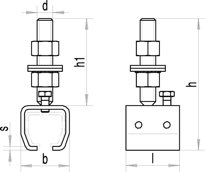 Technische Zeichnung eines mechanischen Bolzens mit beschrifteten Abmessungen d, h1, b und l, mit Vorder- und Seitenansicht.