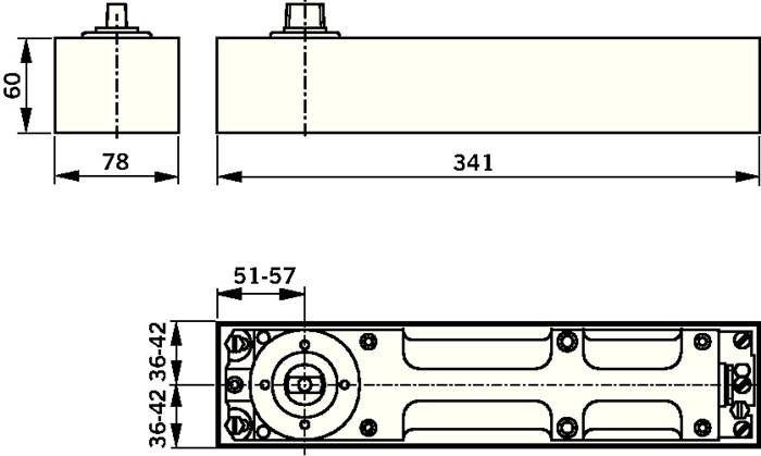 Technische Zeichnung einer mechanischen Komponente mit Abmessungen: Länge 341 mm, Höhe 36-42 mm, Breite 51-57 mm, mit Befestigungslöchern.