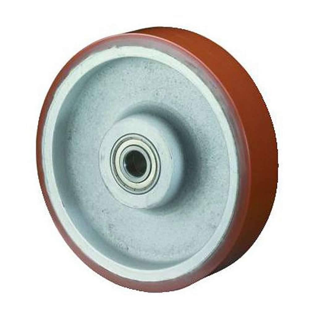 Ein Metallrad oder eine Riemenscheibe mit zentralem Lager und braunem Außenrand, shown on a white background.